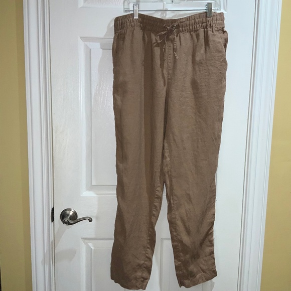 H&M tan linen straight leg elastic waist pants Sz L pockets drawstring - Picture 1 of 8